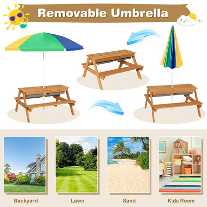 Kids Outdoor Picnic Table with Umbrella and Sand Water Play