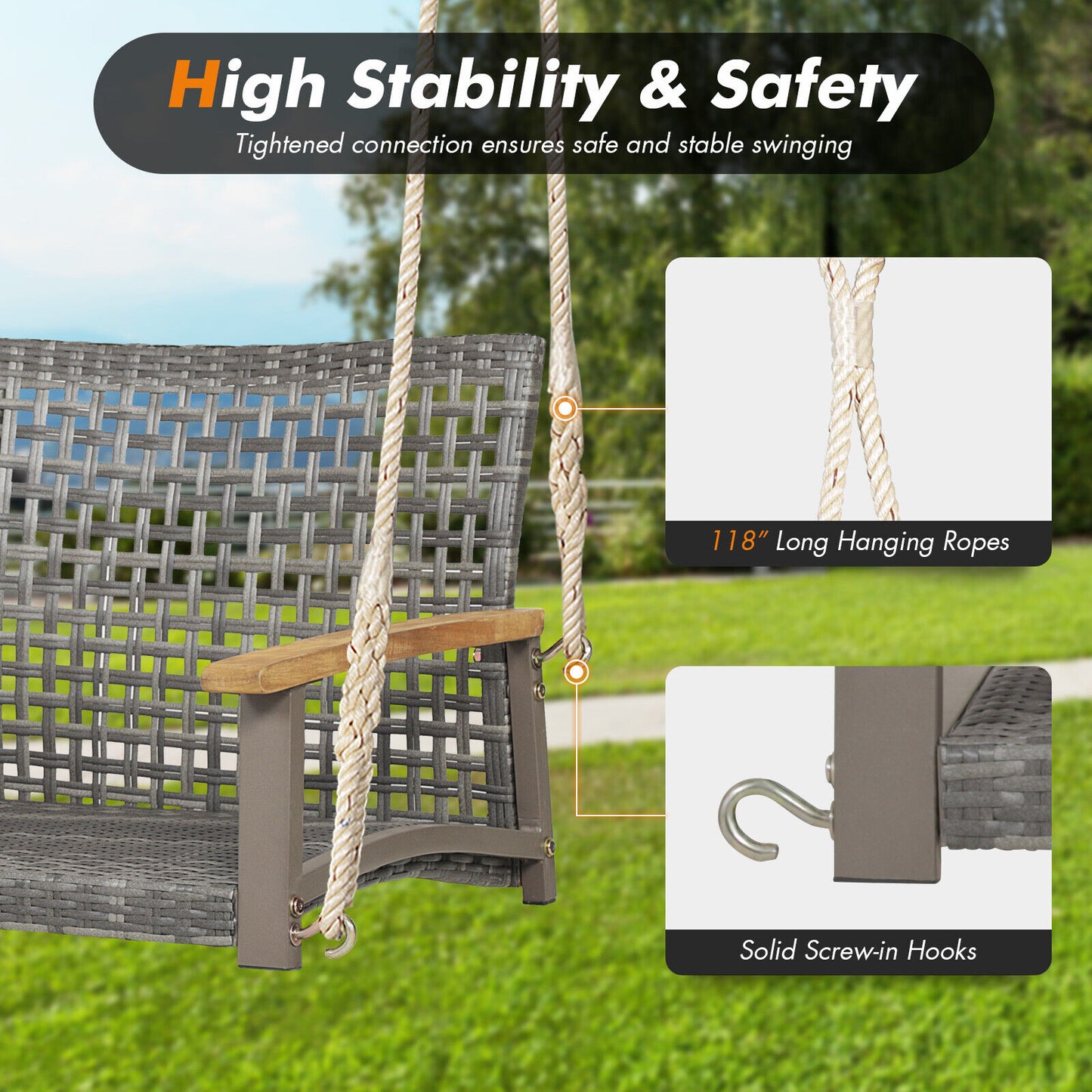 2-Person Wicker Porch Swing Chair with Cushion