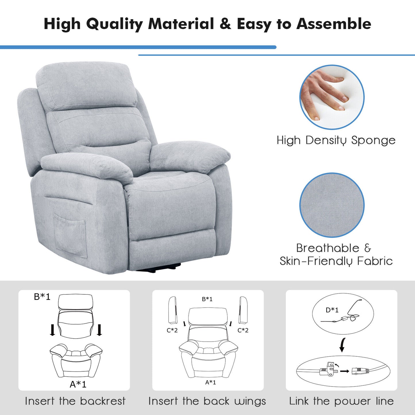 Power Lift Recliner Chair with Remote Control and Side Pocket