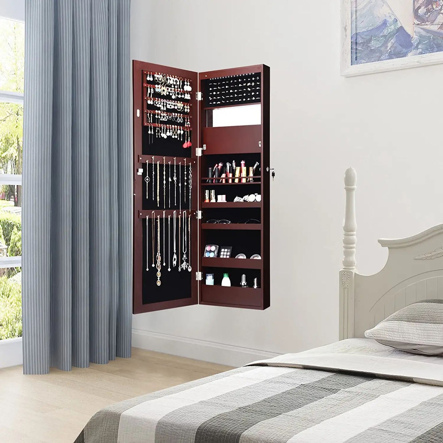 Wall Mounted Jewelry Cabinet with LED Lights and Mirror