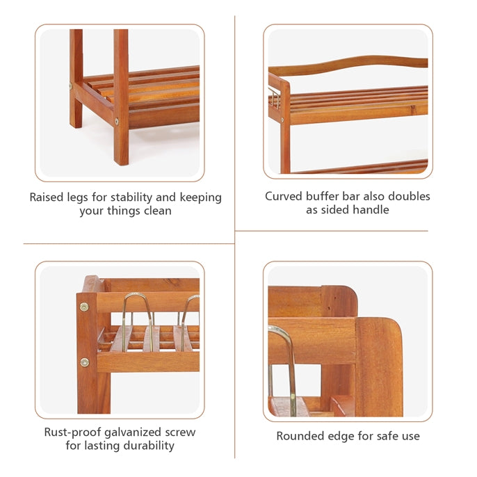 3-Tier Acacia Wood Shoe Rack with Side Metal Hooks
