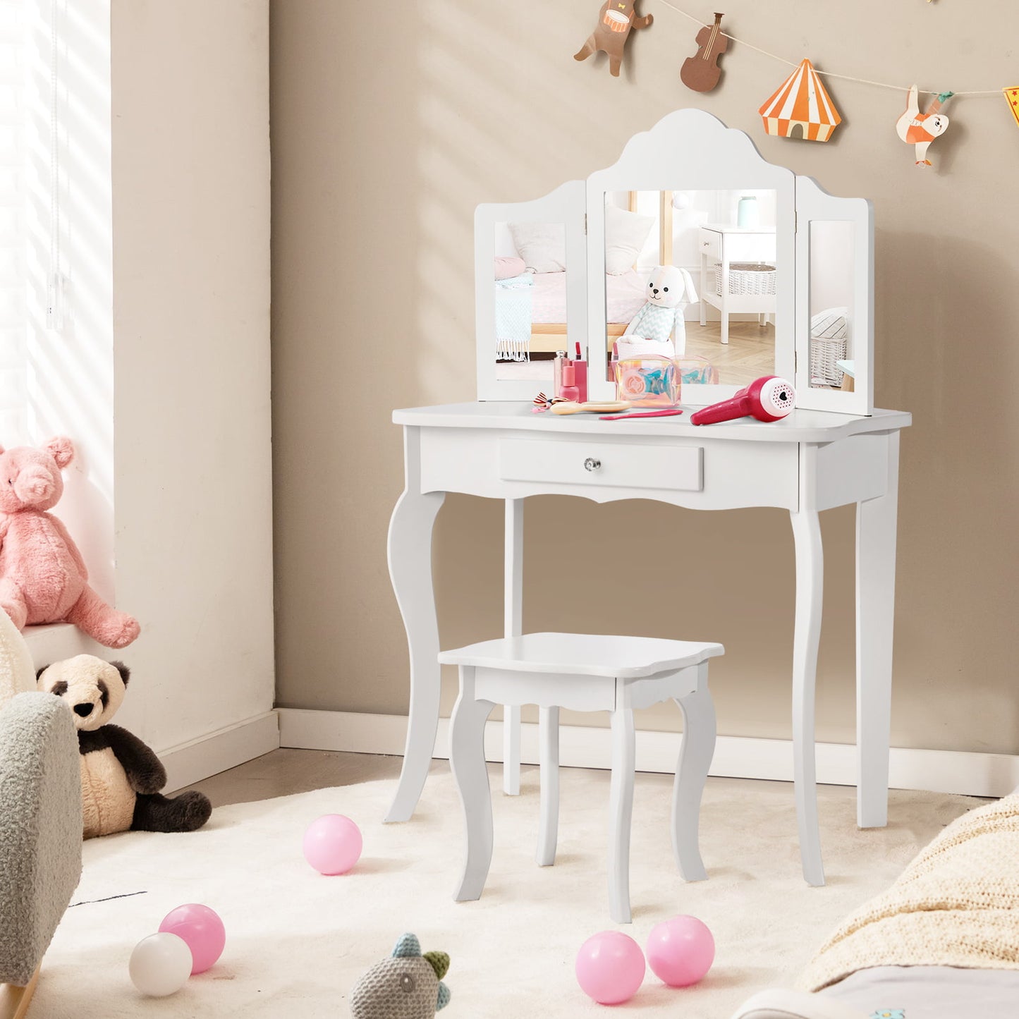 Kids Vanity Table and Stool Set with Mirror and Drawer