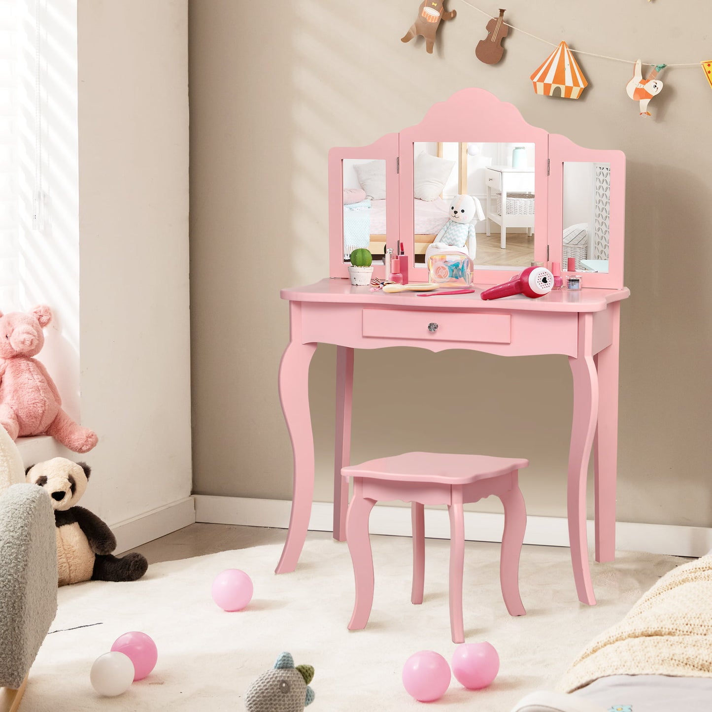 Kids Vanity Table and Stool Set with Mirror and Drawer