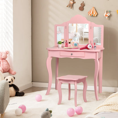 Kids Vanity Table and Stool Set with Mirror and Drawer