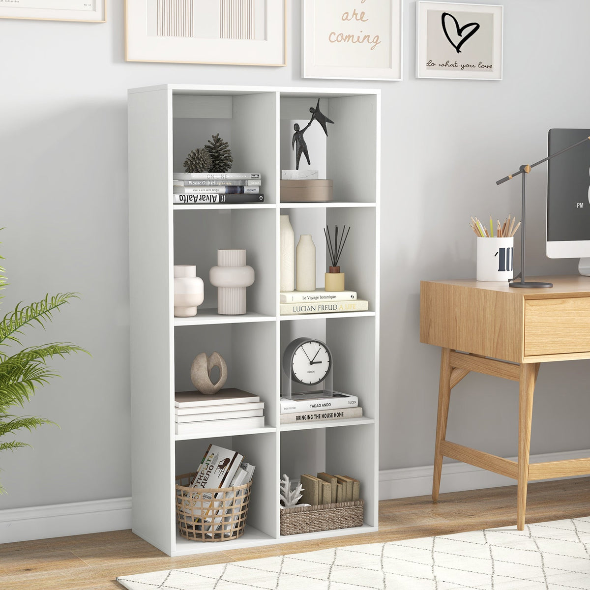 8 Cube Bookshelf with Back Guardrail for Living Room Bedroom-White