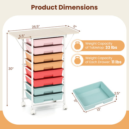 8-Drawer Rolling Storage Cart with Wooden Tabletop