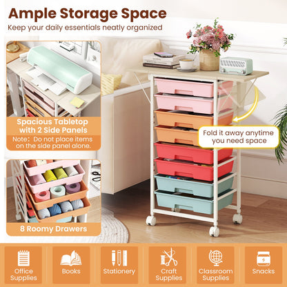 8-Drawer Rolling Storage Cart with Wooden Tabletop