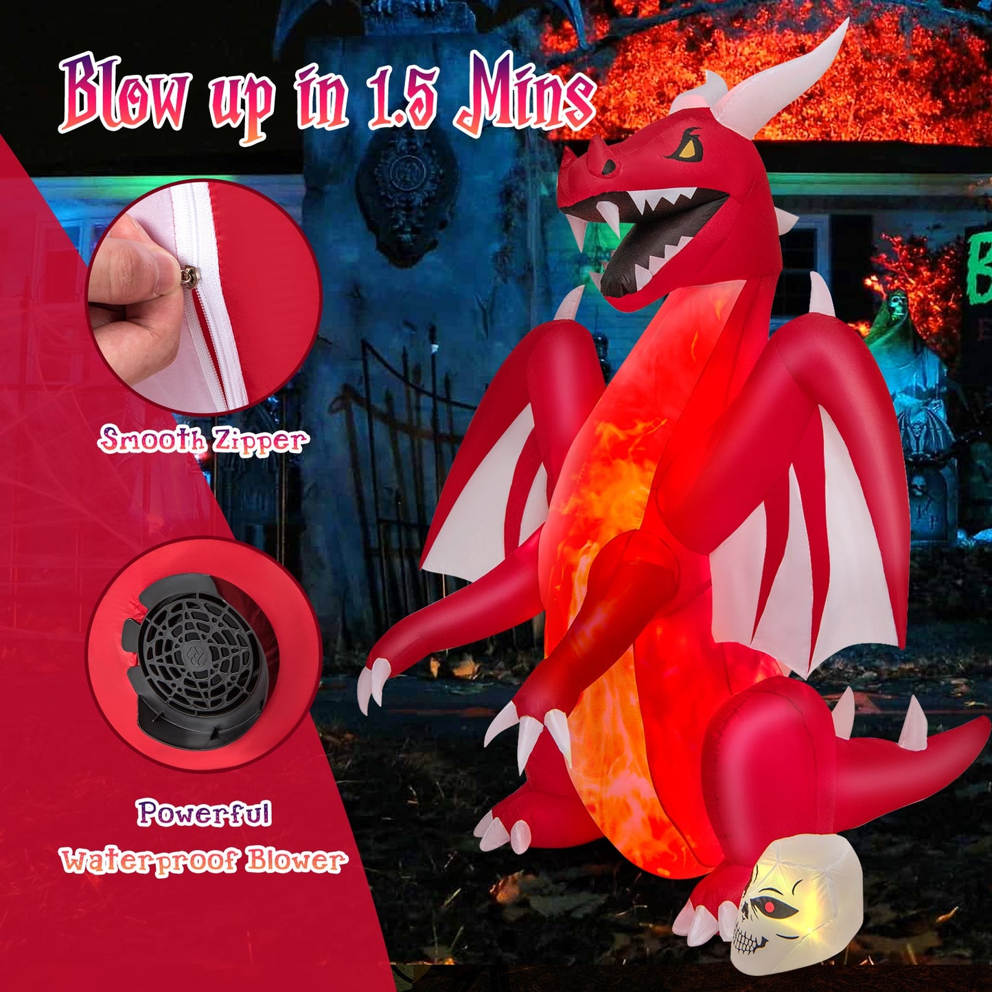 8 Feet Halloween Inflatables Blow-up Red Dragon with Wings Skull