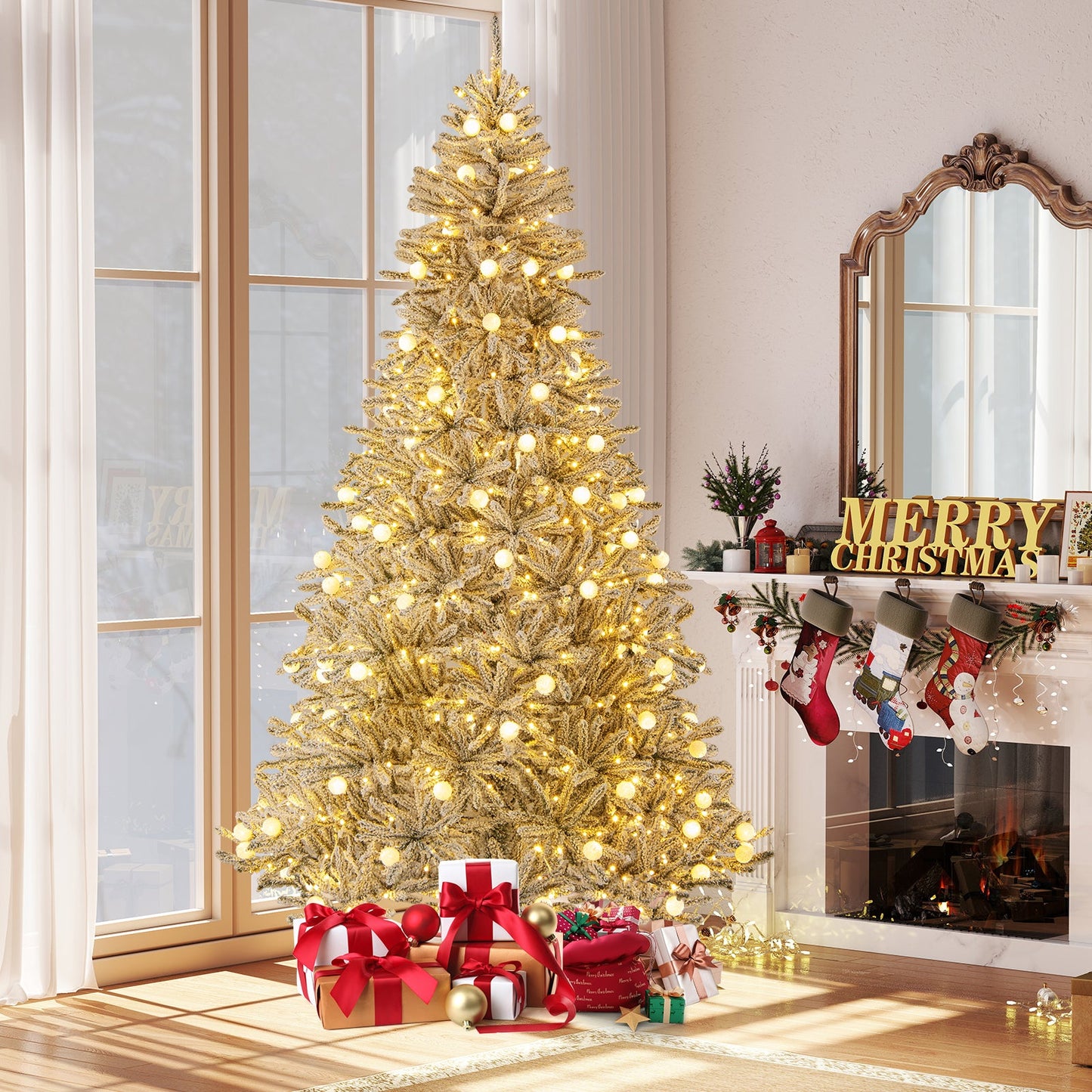 6 Feet Snow-flocked Artificial Christmas Tree Pre-lit Hinged with 81 Sphere Lights and Remote