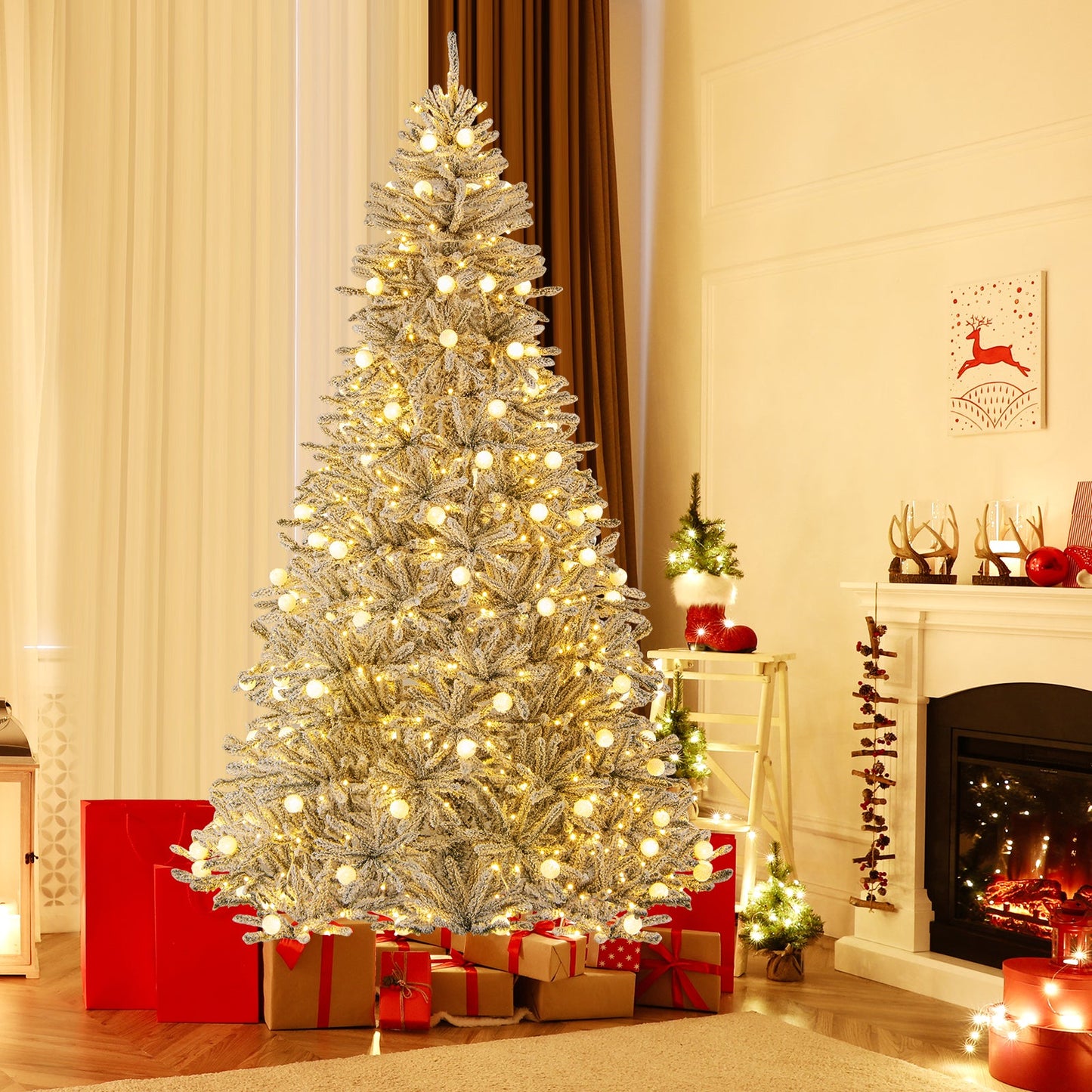 6 Feet Snow-flocked Artificial Christmas Tree Pre-lit Hinged with 81 Sphere Lights and Remote