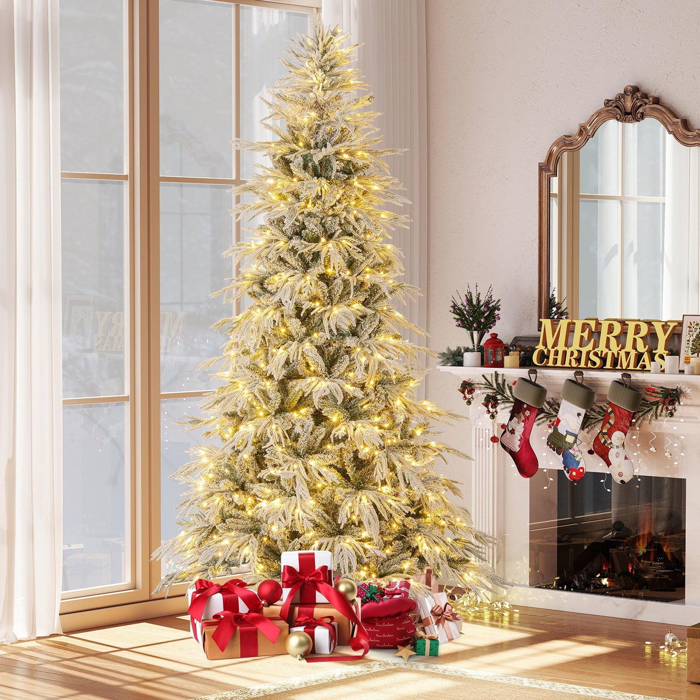 7 Feet Snow-flocked Artificial Christmas Tree Pre-lit Hinged Xmas Tree with Warm White LED Lights