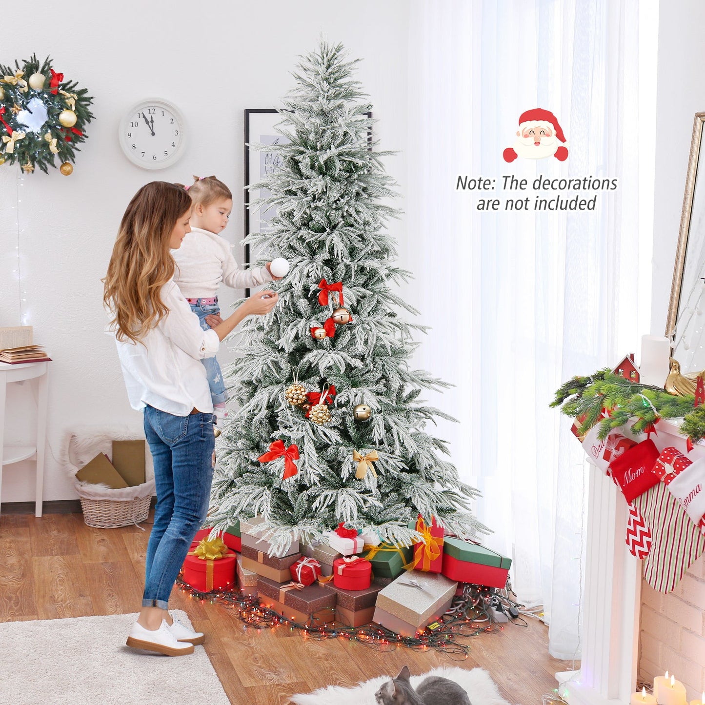 7 Feet Snow-flocked Artificial Christmas Tree Pre-lit Hinged Xmas Tree with Warm White LED Lights