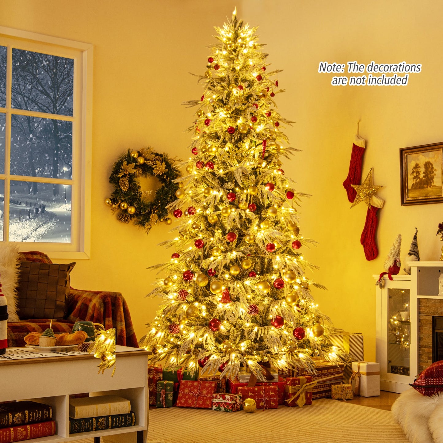 7 Feet Snow-flocked Artificial Christmas Tree Pre-lit Hinged Xmas Tree with Warm White LED Lights