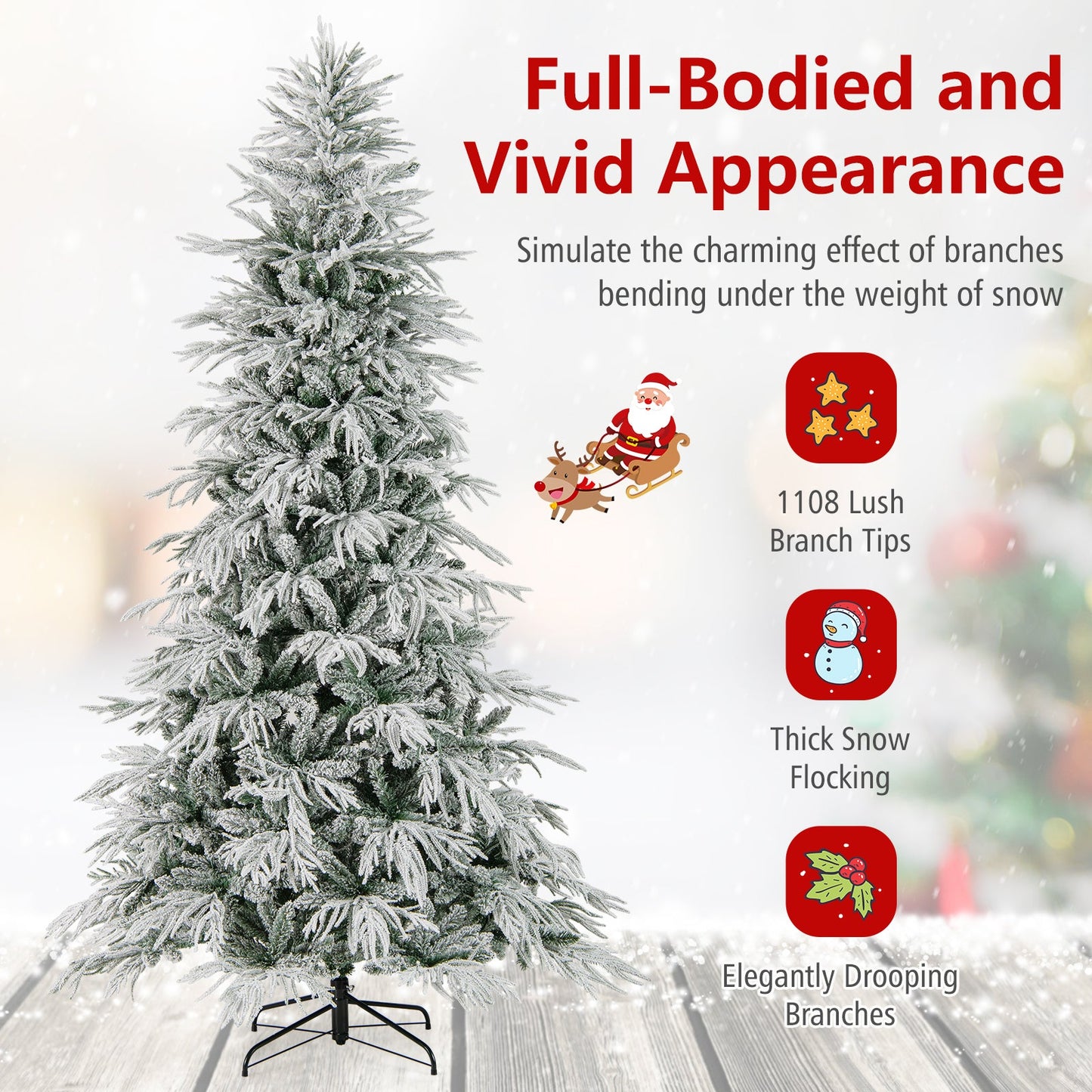7 Feet Snow-flocked Artificial Christmas Tree Pre-lit Hinged Xmas Tree with Warm White LED Lights