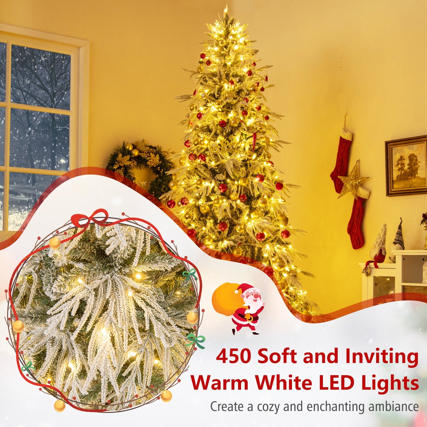 7 Feet Snow-flocked Artificial Christmas Tree Pre-lit Hinged Xmas Tree with Warm White LED Lights