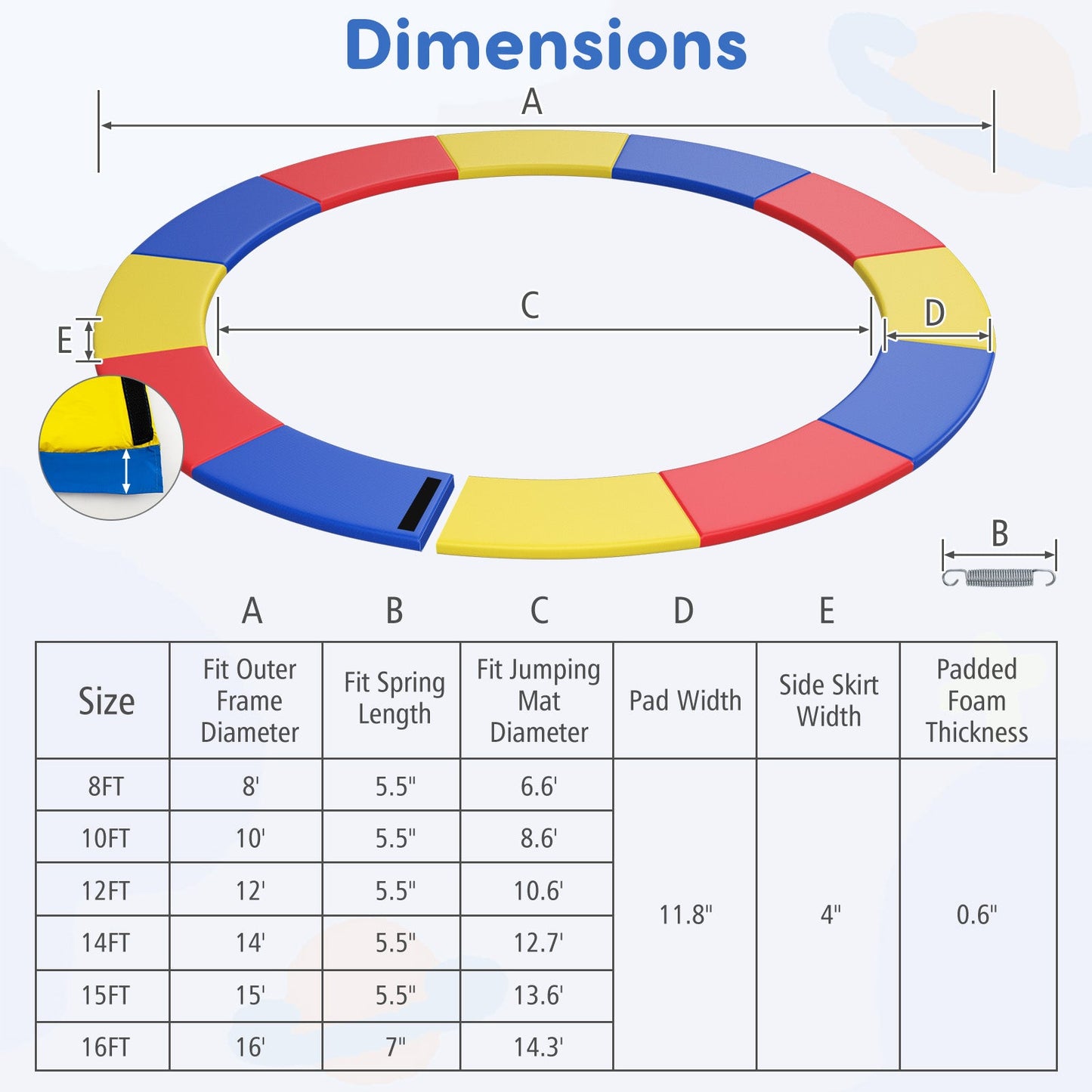 8-16 FT Trampoline Pad Replacement Safety Pad with Fixing Straps (Multicolor)