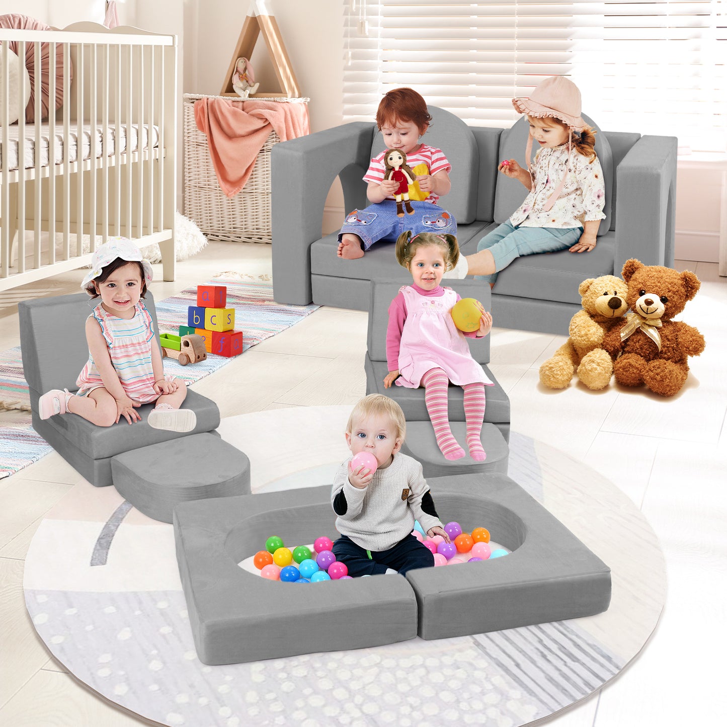 8-Piece Modular Kids Play Couch with Suede Fabric