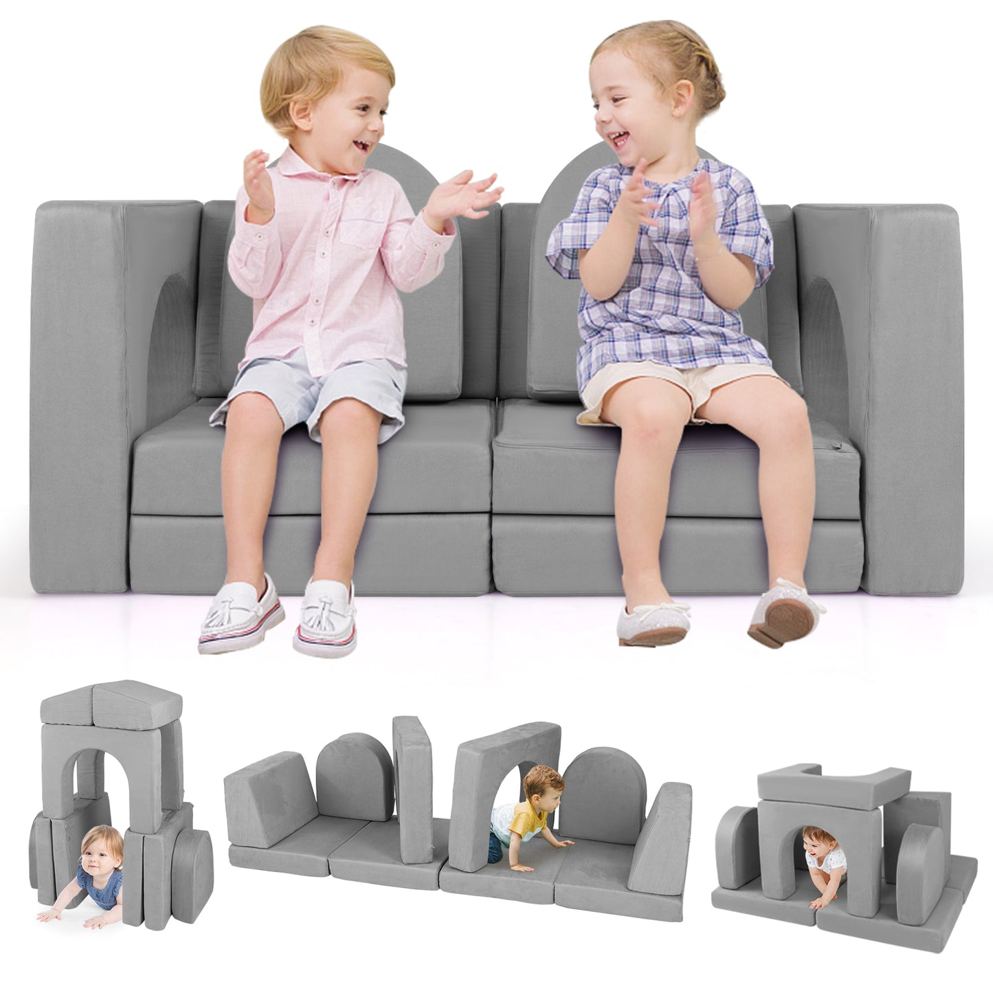 8-Piece Modular Kids Play Couch with Suede Fabric