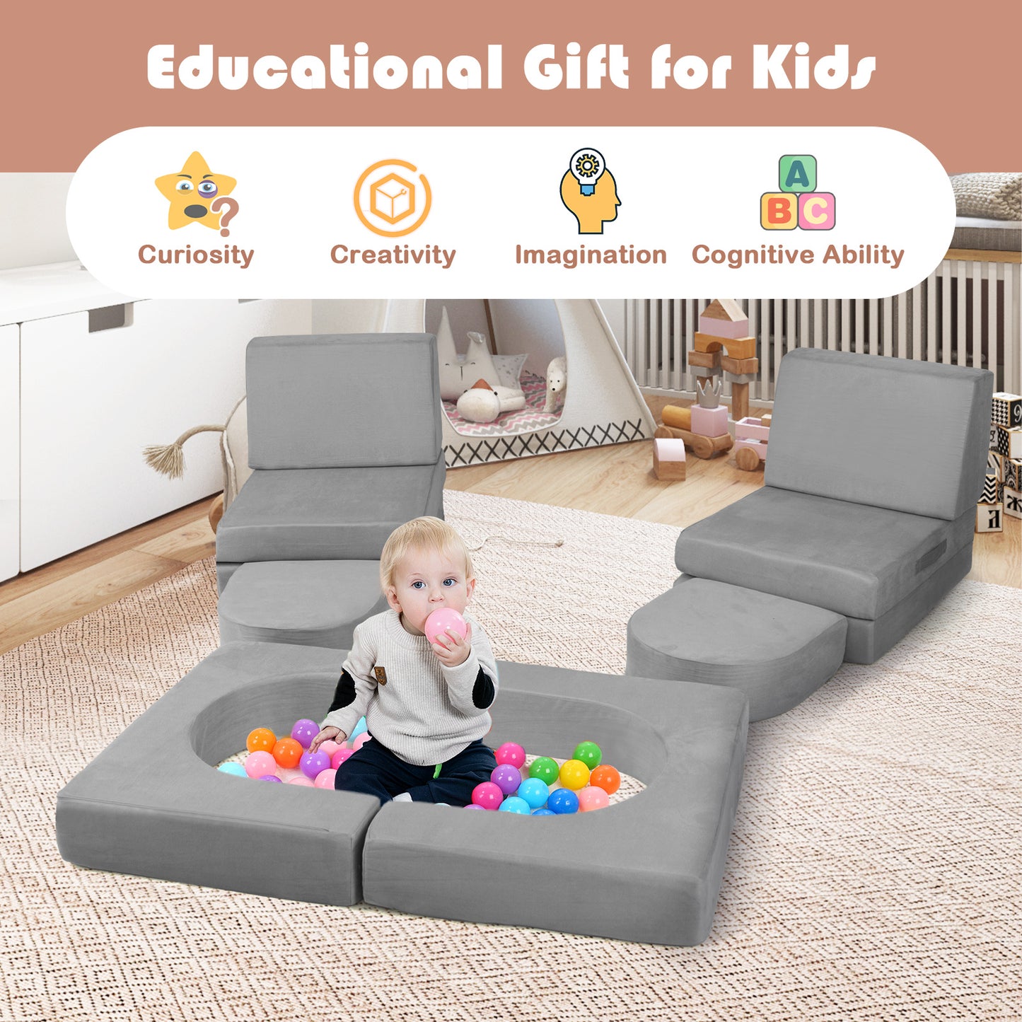 8-Piece Modular Kids Play Couch with Suede Fabric