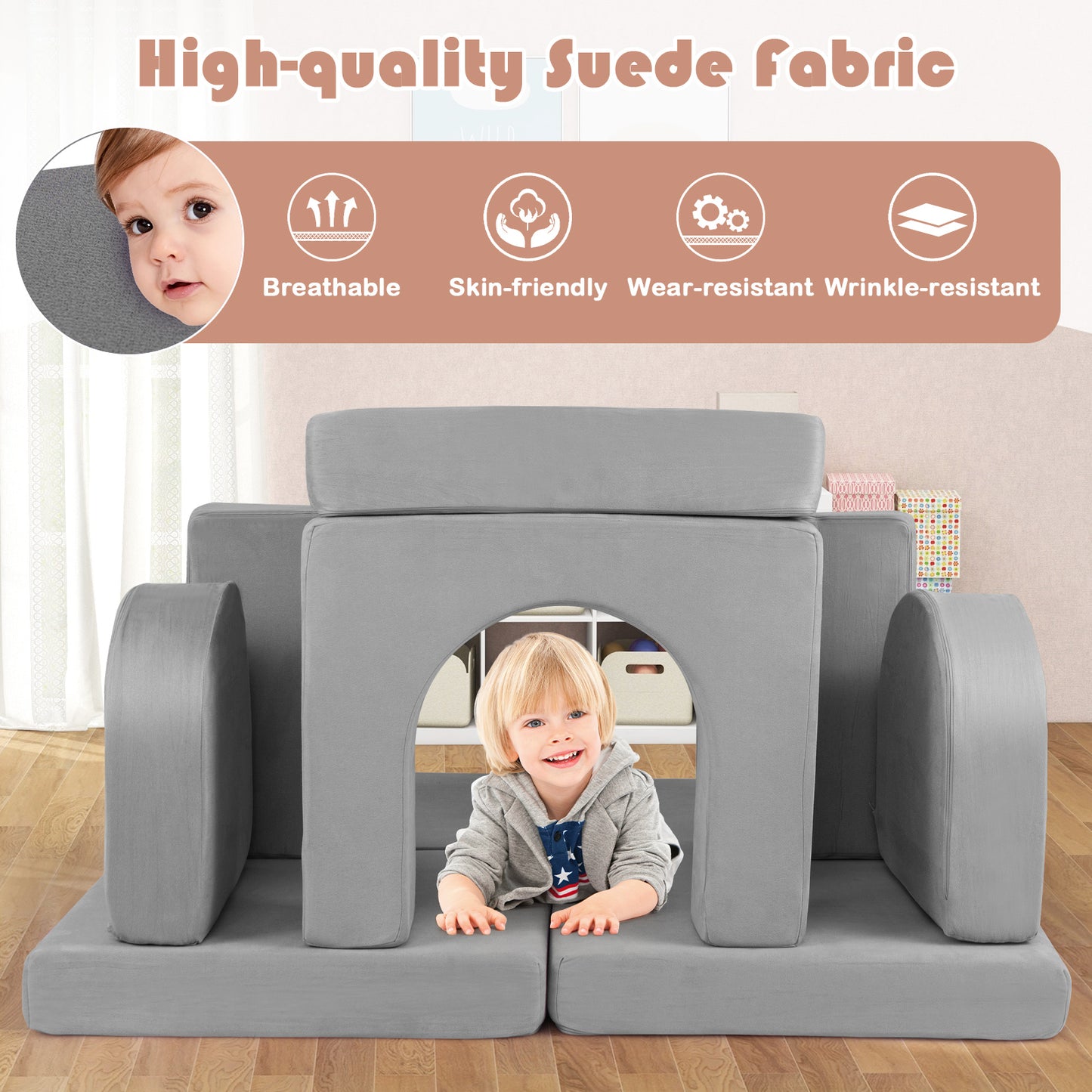 8-Piece Modular Kids Play Couch with Suede Fabric