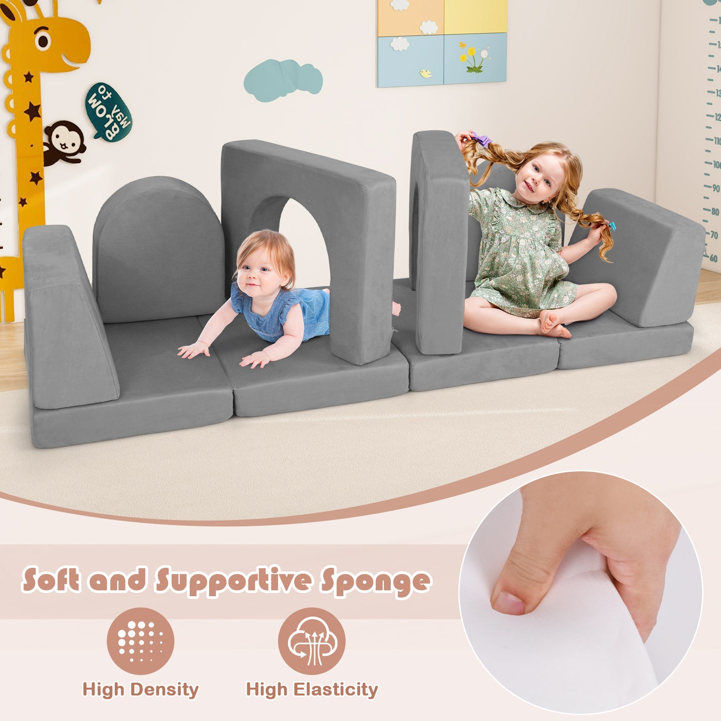 8-Piece Modular Kids Play Couch with Suede Fabric