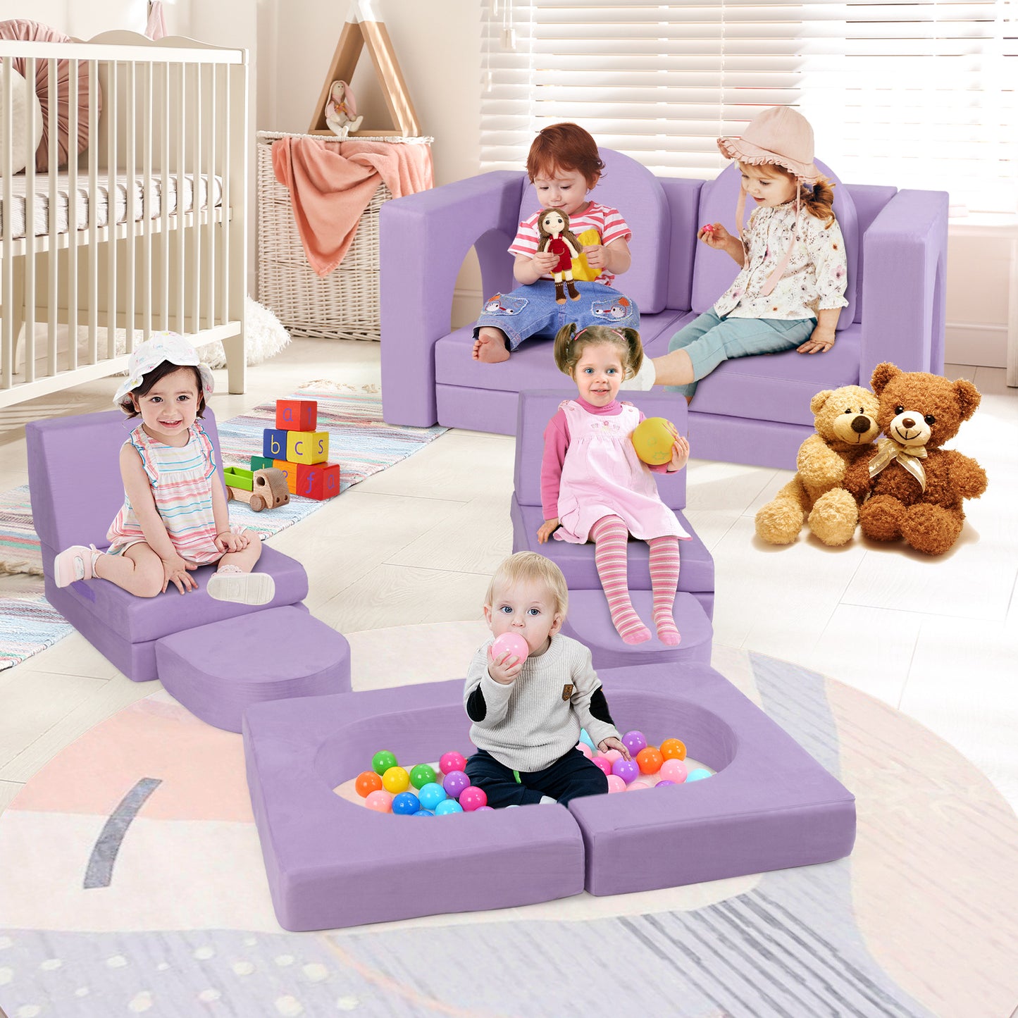 8-Piece Modular Kids Play Couch with Suede Fabric