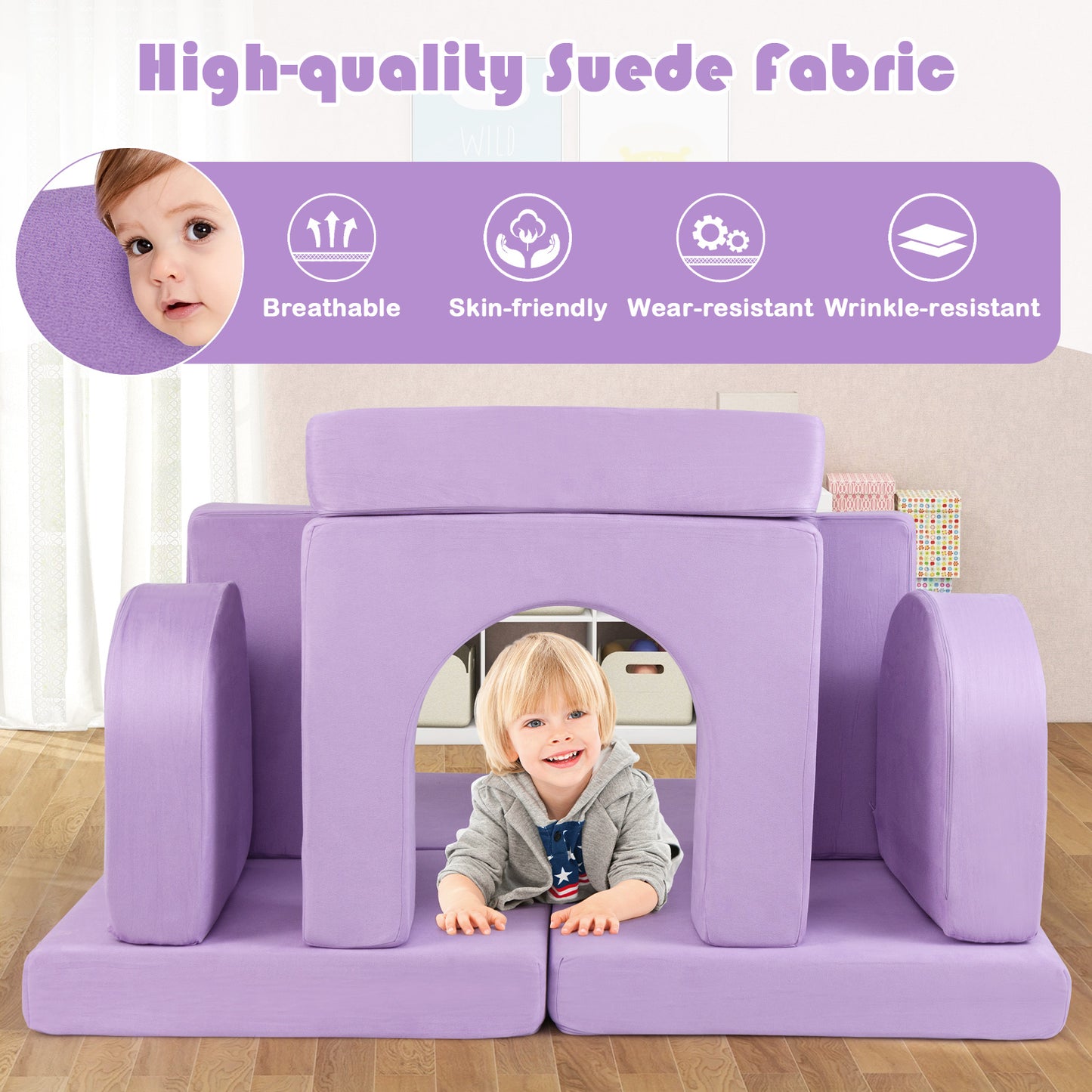 8-Piece Modular Kids Play Couch with Suede Fabric