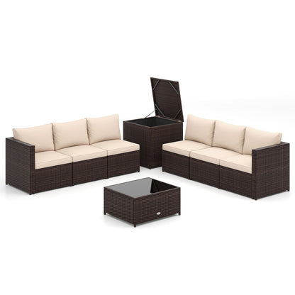 8 Piece Patio Furniture Set with Storage Box and Tempered Glass Coffee Table-Beige