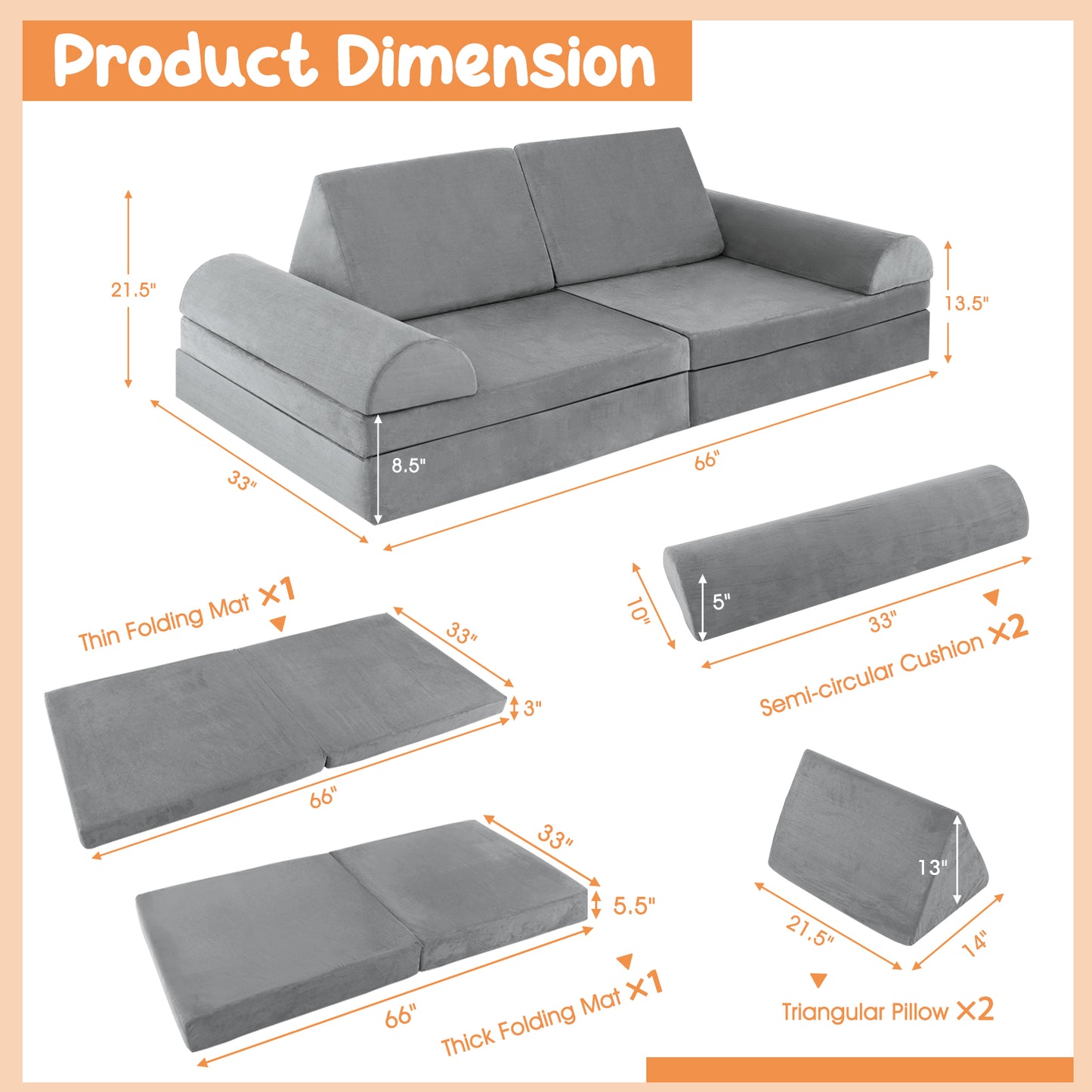 6-Piece Convertible Kids Sofa Playset with Zipper