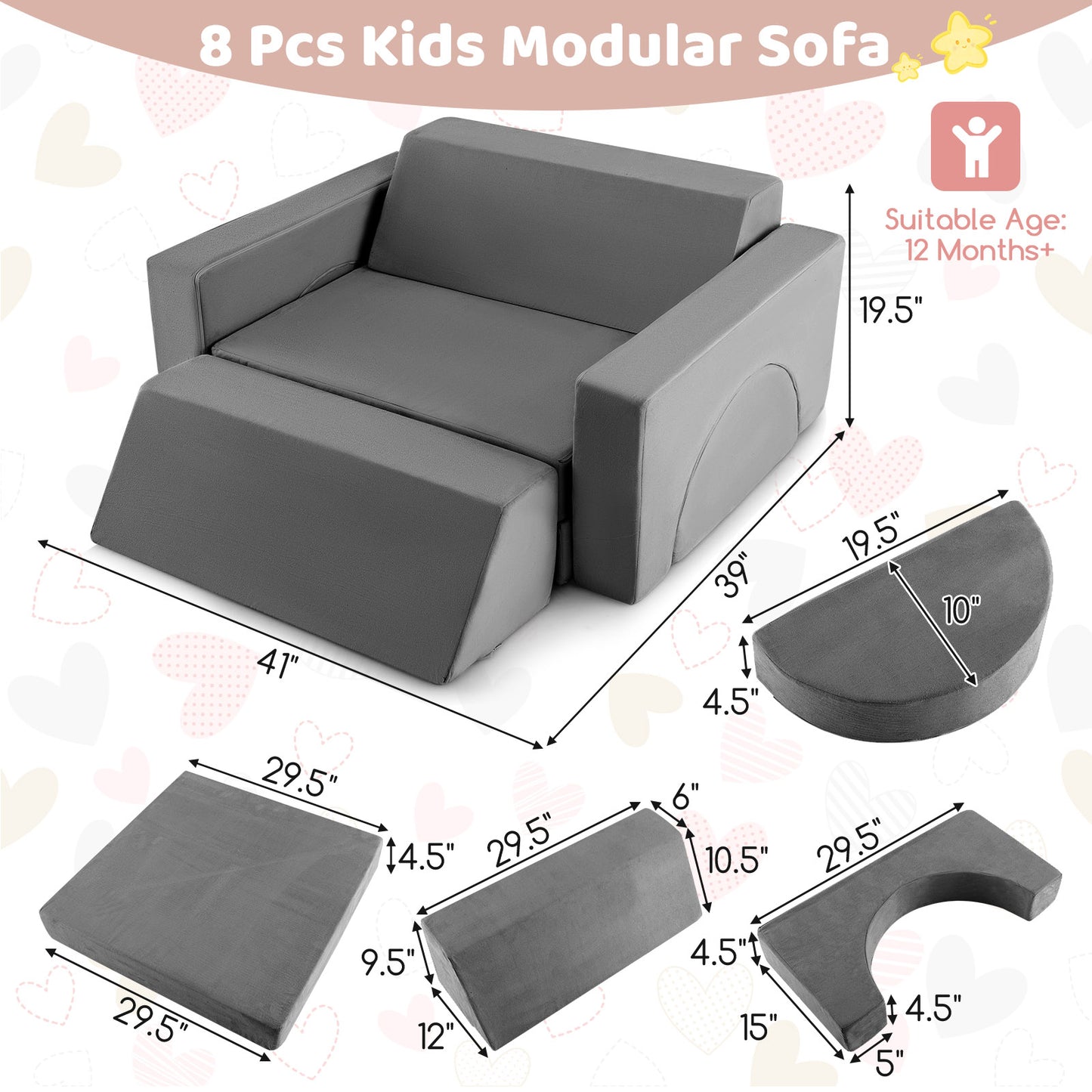 Kids Modular Play Sofa 8-Piece Set with Washable Cover