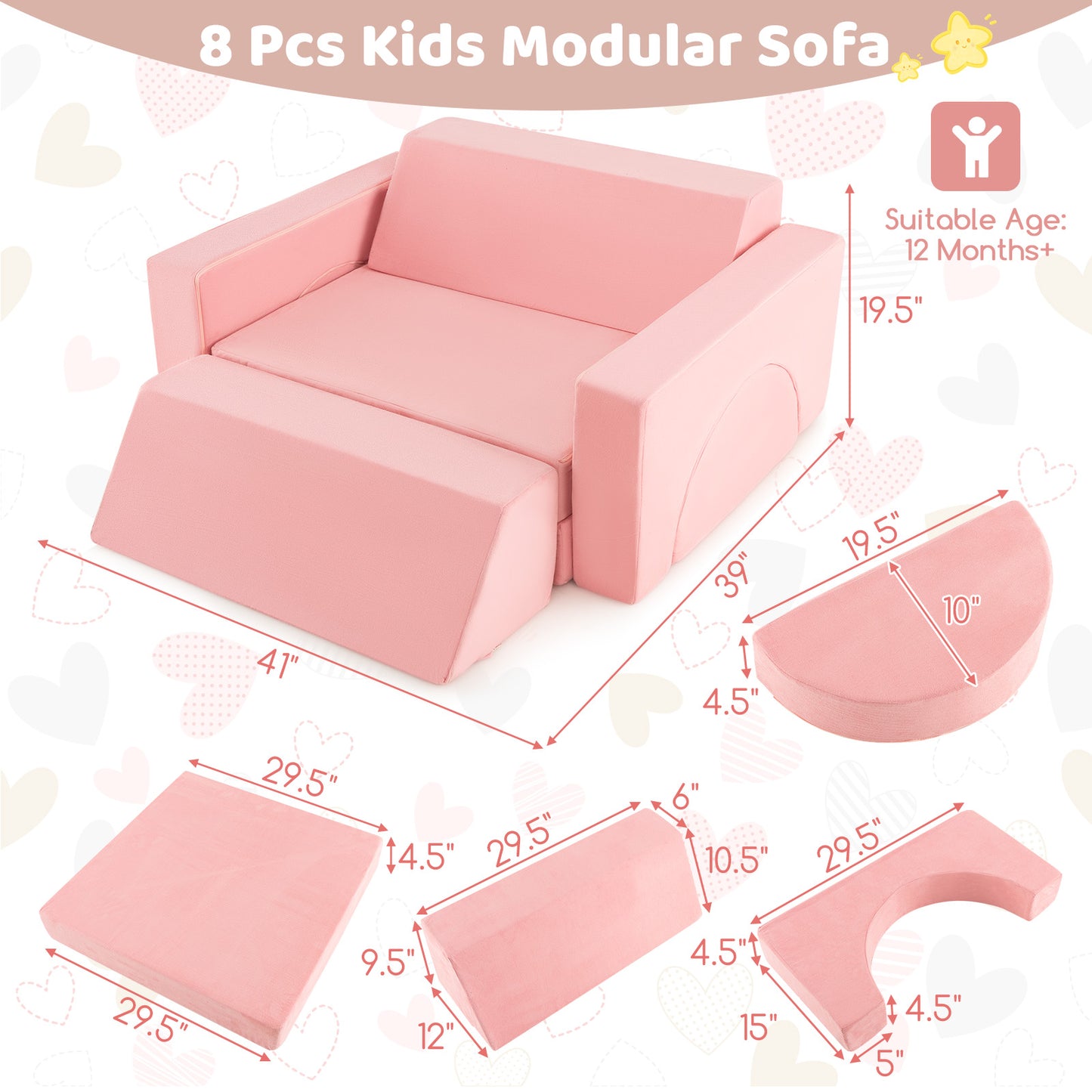 Kids Modular Play Sofa 8-Piece Set with Washable Cover