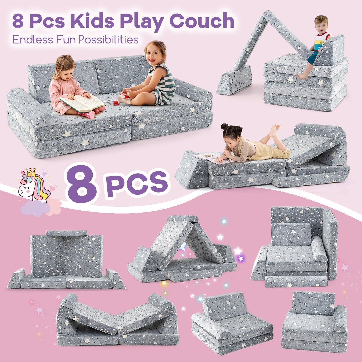 Modular Kids Play Couch 8-Piece Glow-in-the-Dark Sectional