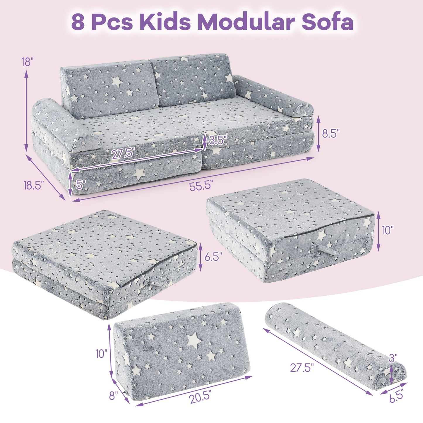 Modular Kids Play Couch 8-Piece Glow-in-the-Dark Sectional