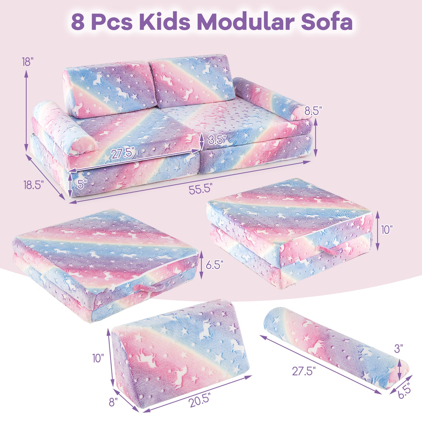 Modular Kids Play Couch 8-Piece Glow-in-the-Dark Sectional