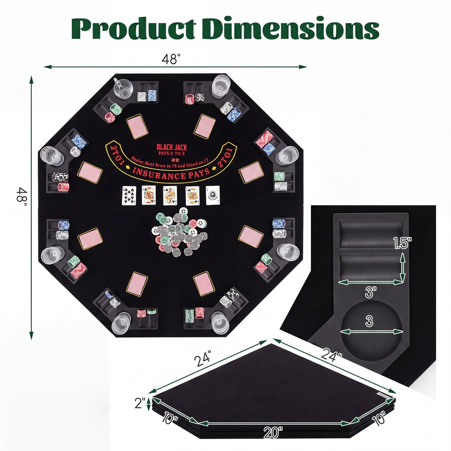 8-Player Foldable Poker Table Top with Cup Holders