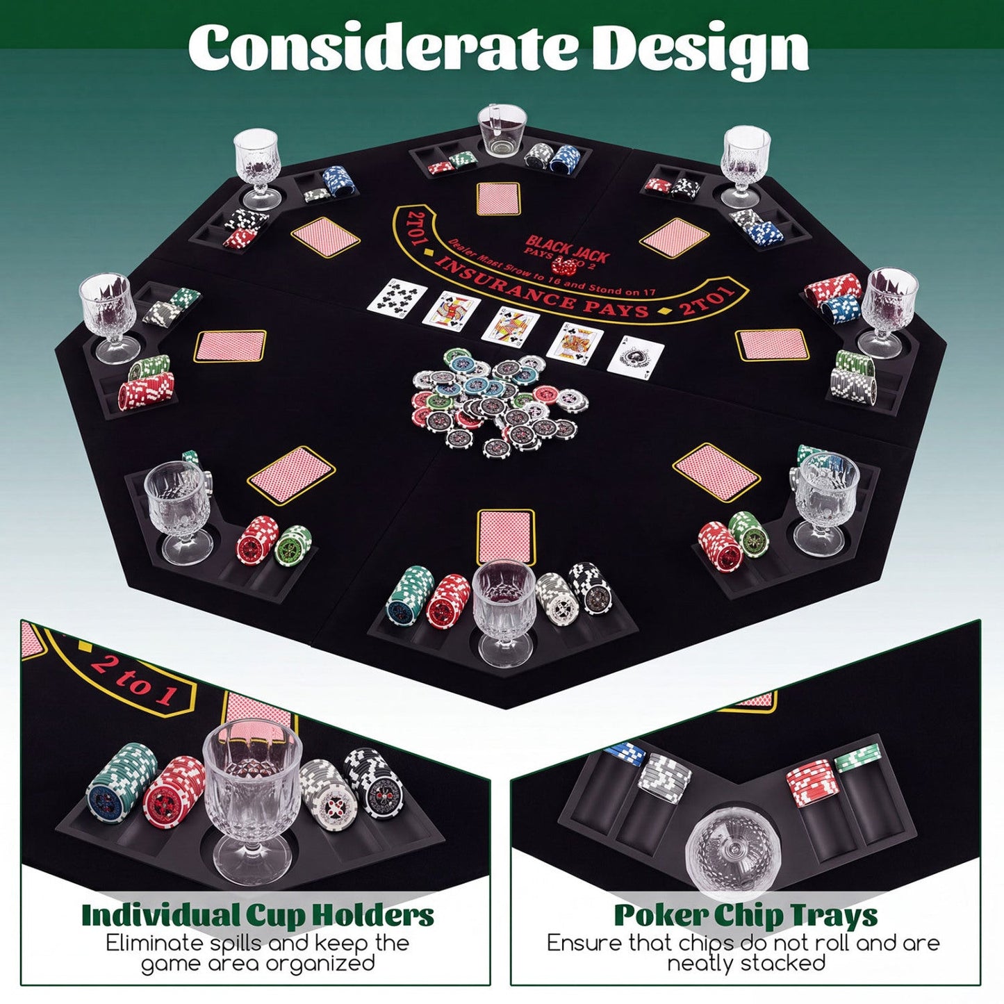 8-Player Foldable Poker Table Top with Cup Holders