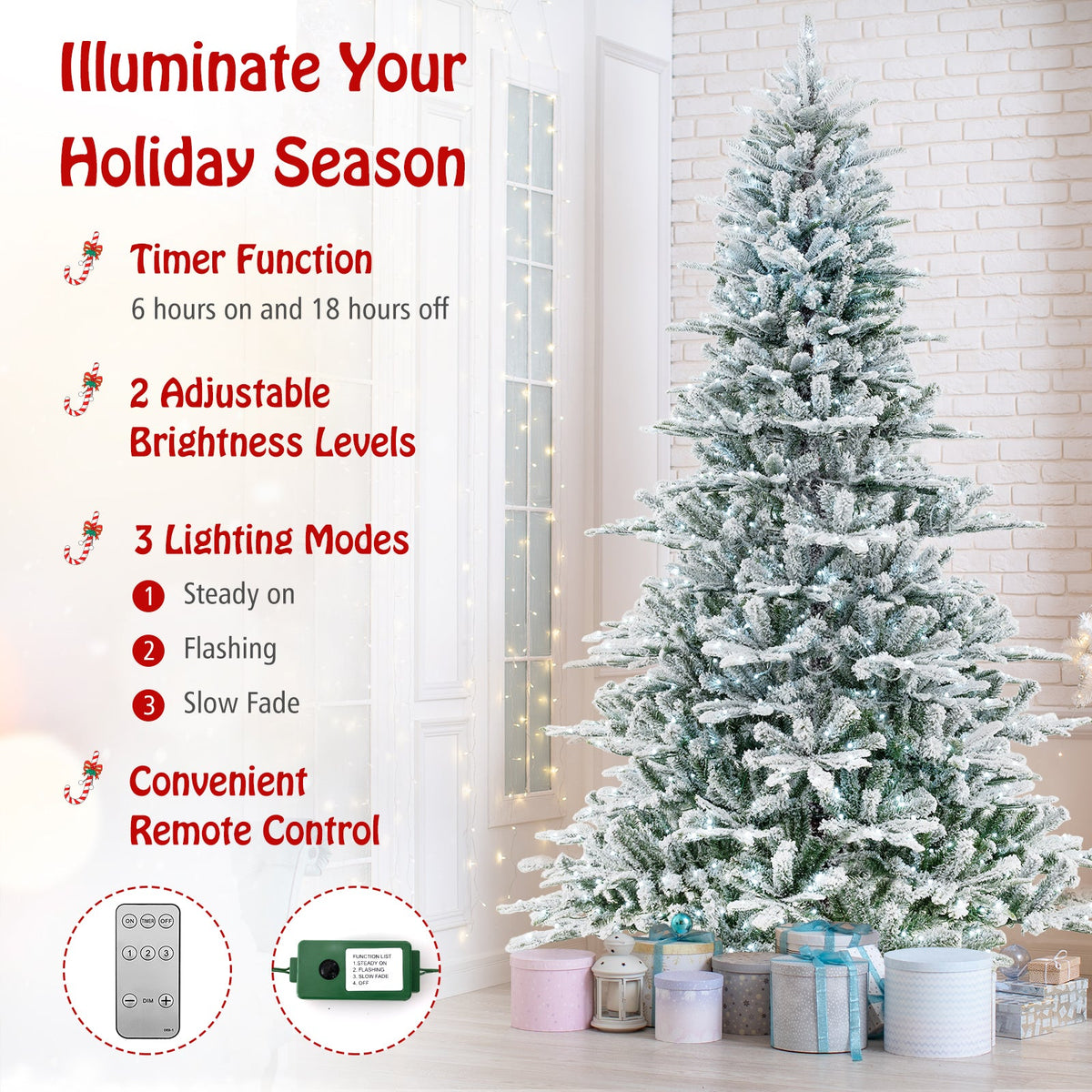 8 Feet Snow Flocked Artificial Christmas Tree with Cool White LED Lights
