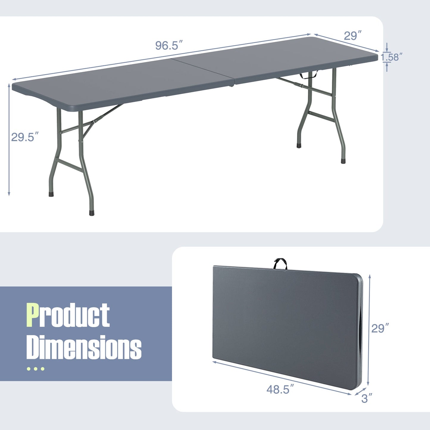 8 ft Portable Folding Table 350 LBS Fold-in-Half Table with HDPE Tabletop