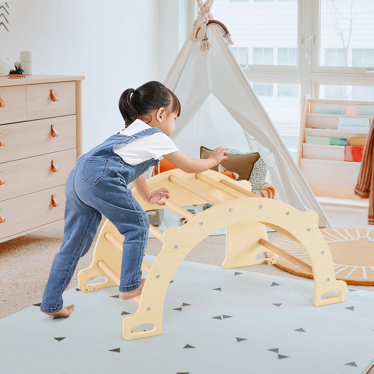 8 in 1 Climbing Arch Sensory Table with Collapsible Storage Bin for Kids-Natural