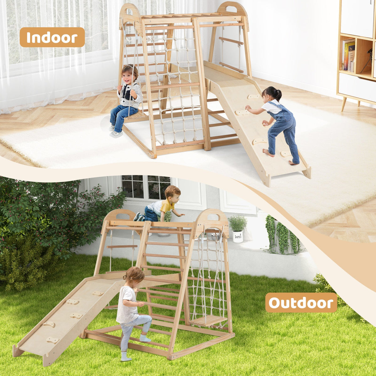 8-in-1 Jungle Gym Wooden Montessori Climber Playset with Slide and Monkey Bar for Kids 3-5 Years Old