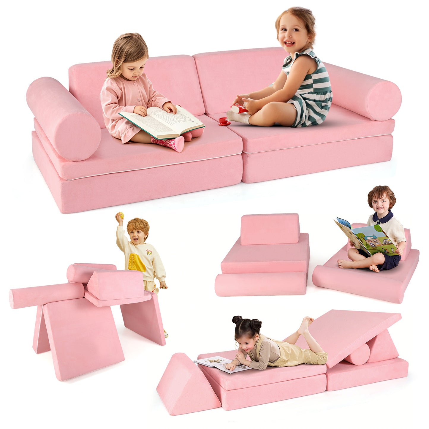 Kids Play Couch 8-Piece Modular Foam Building Set Pink