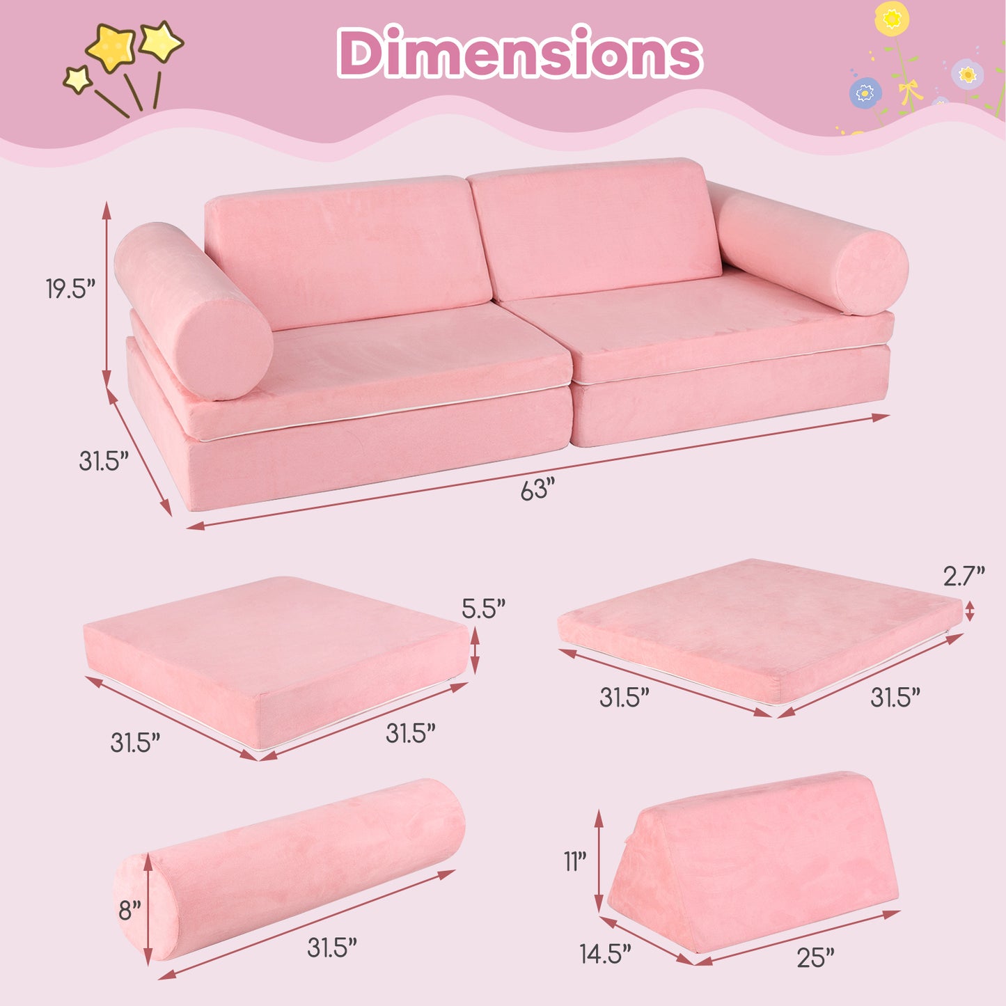 Kids Play Couch 8-Piece Modular Foam Building Set Pink