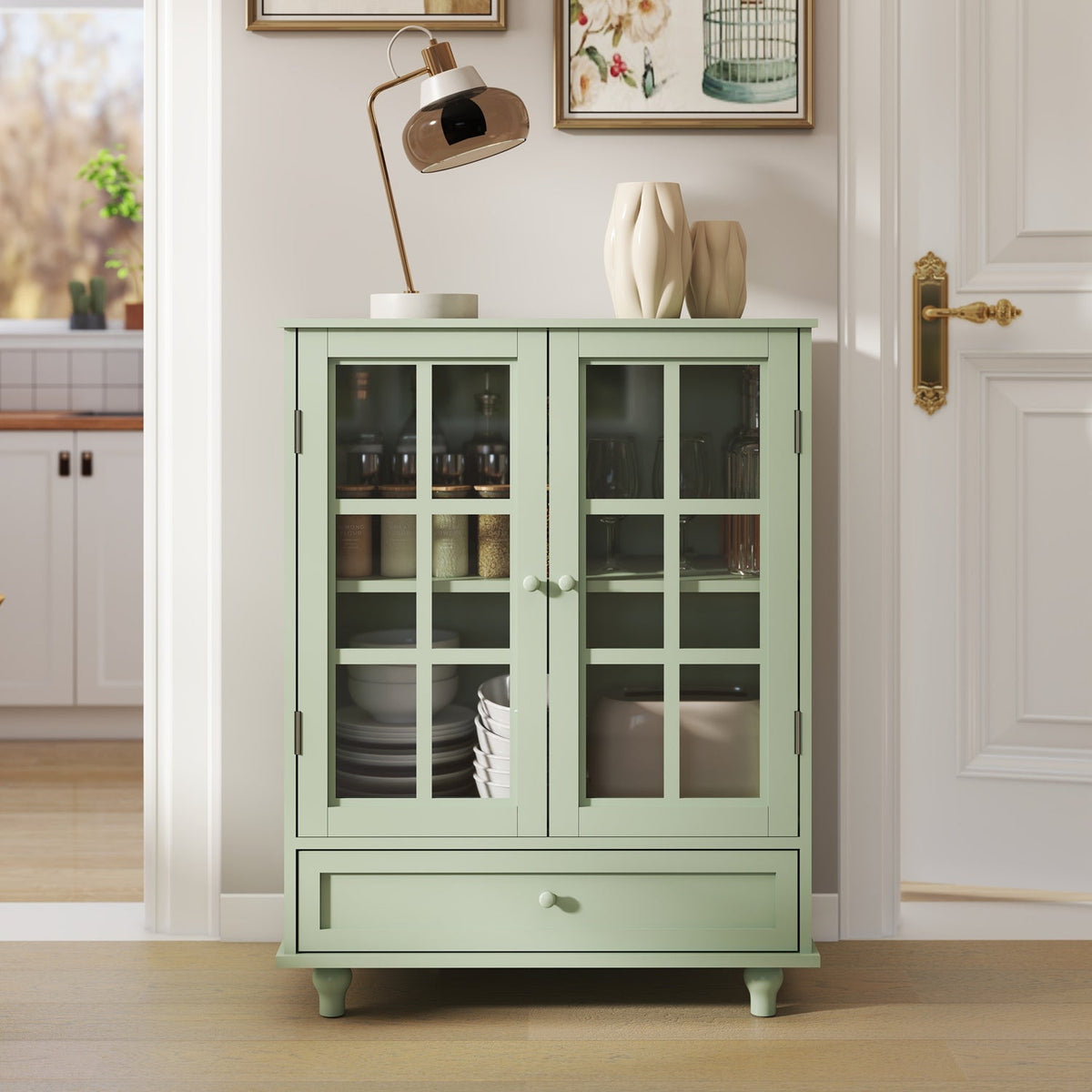 Buffet Cabinet with Glass Doors and Adjustable Shelves