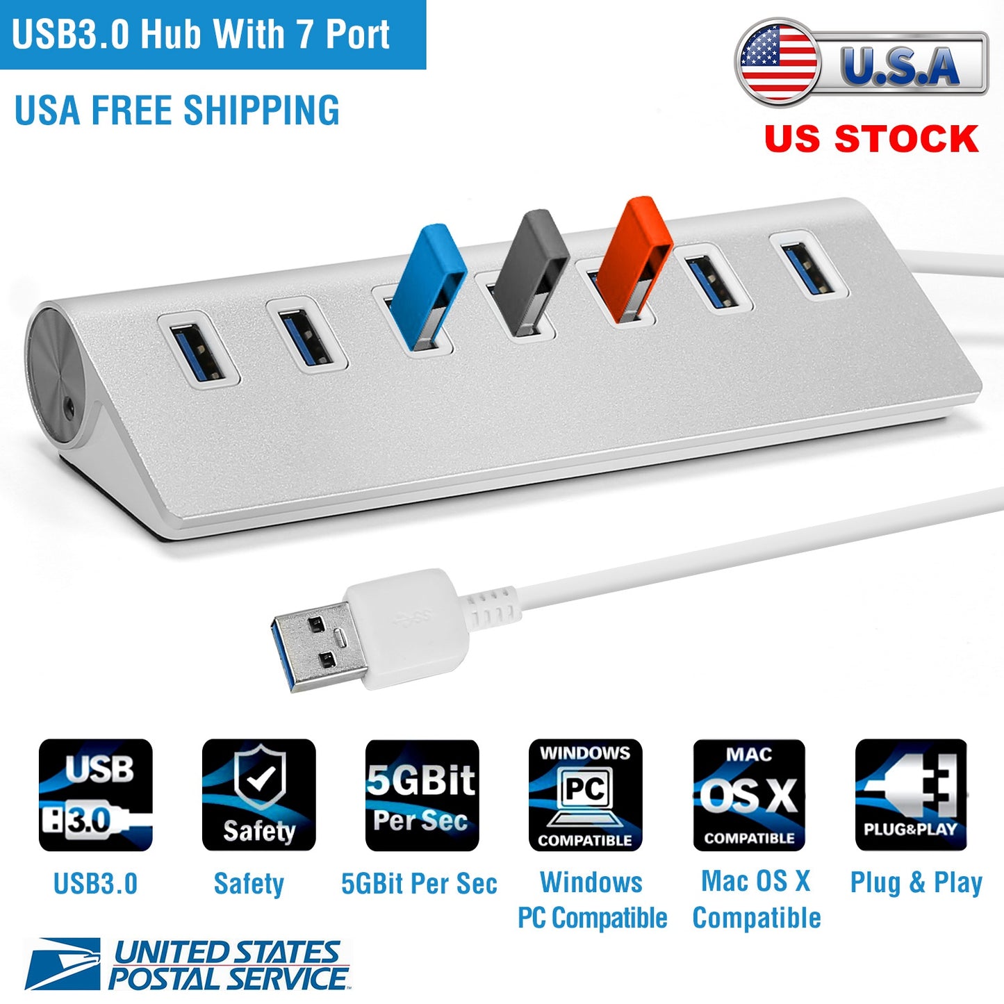 7-Port USB 3.0 Hub with Aluminum Body and 1ft Cable