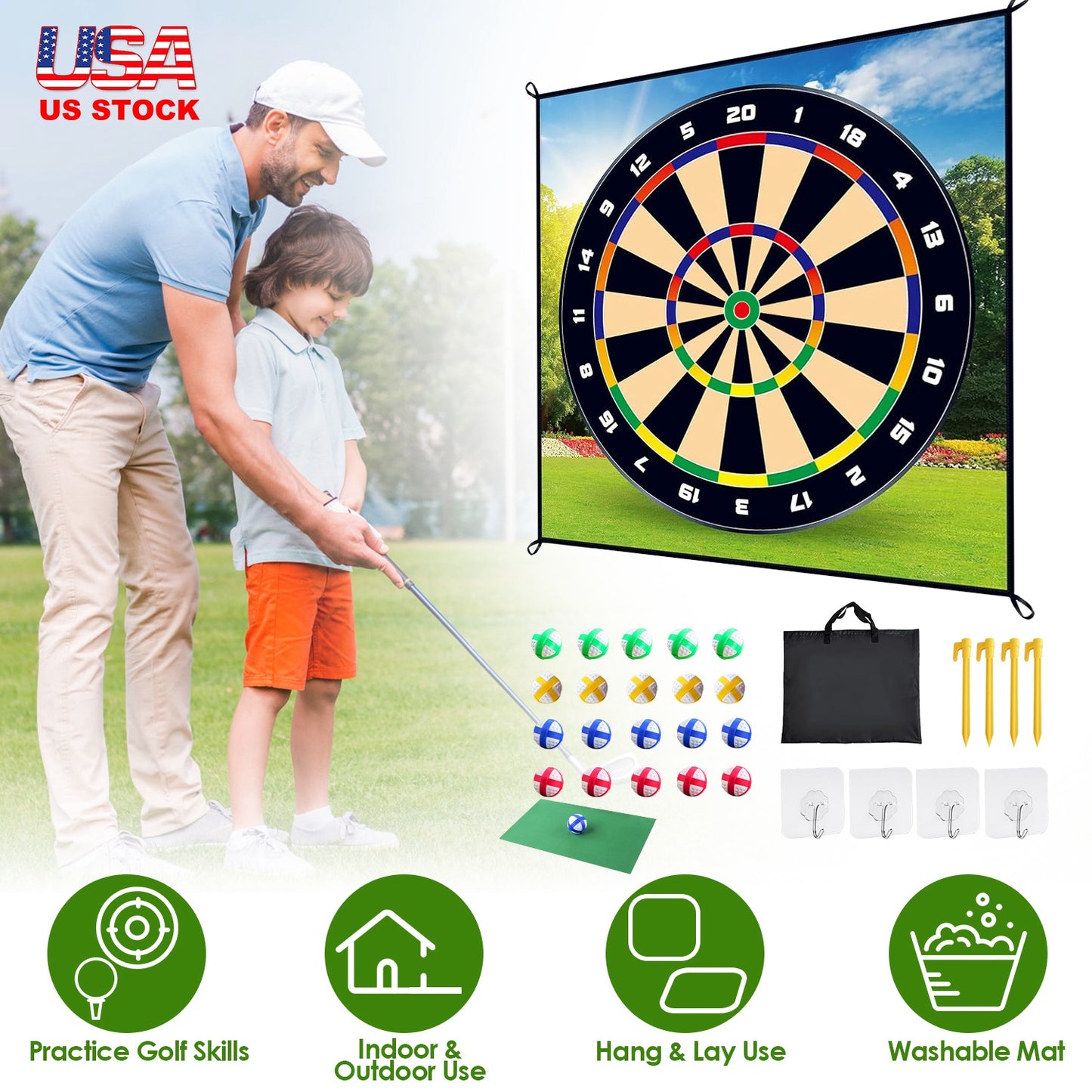 Golf Chipping Dart Game Mat Set with 20 Sticky Balls