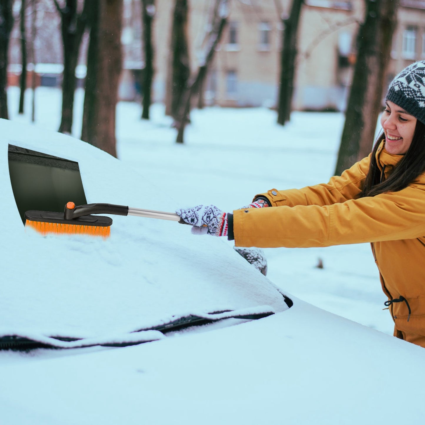 Extendable Snow Brush and Ice Scraper with Pivoting Head