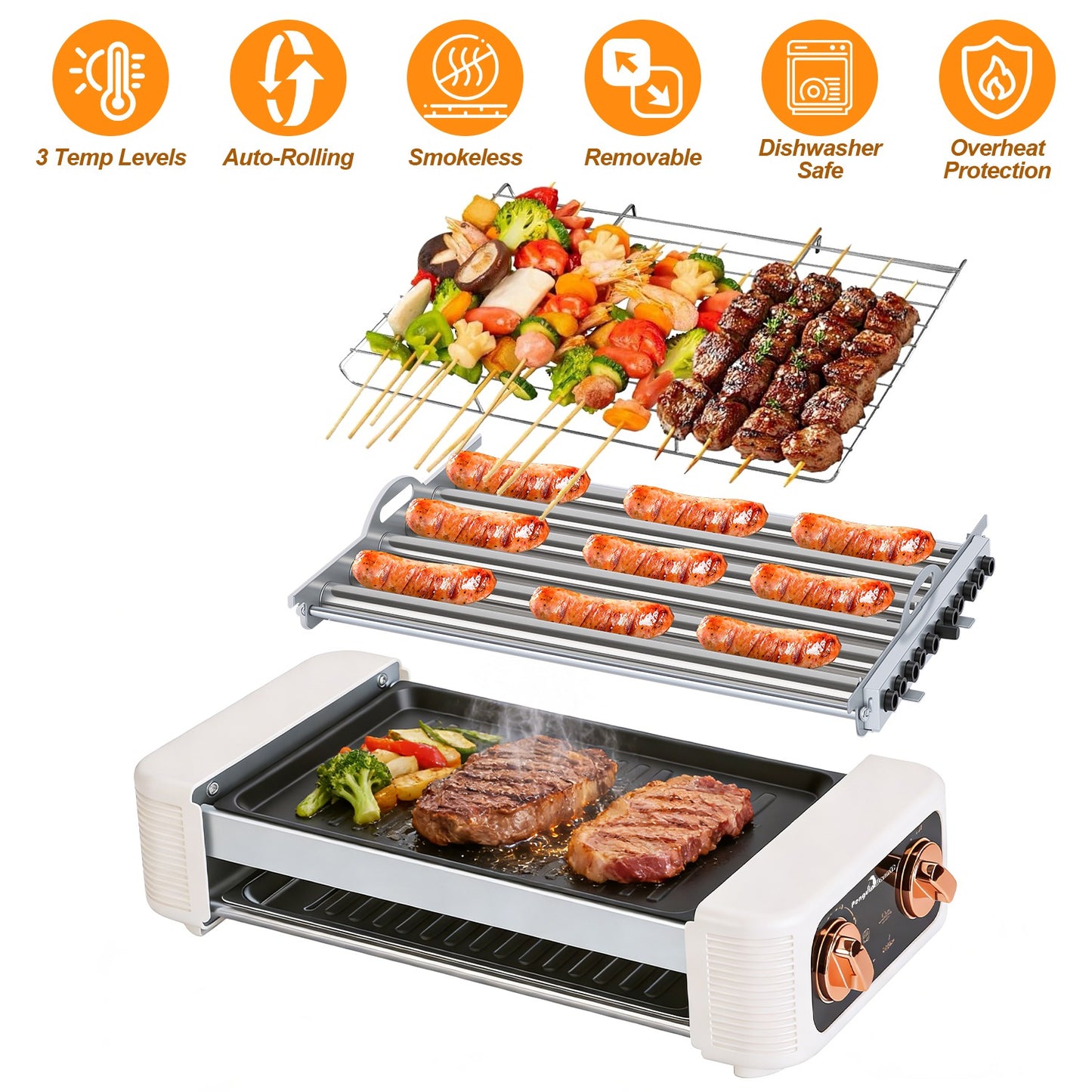 Electric Hot Dog Roller Grill with Griddle - 3-in-1 Cooker