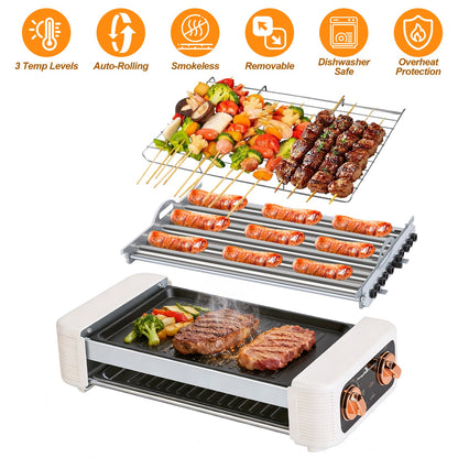 Electric Hot Dog Roller Grill with Griddle - 3-in-1 Cooker