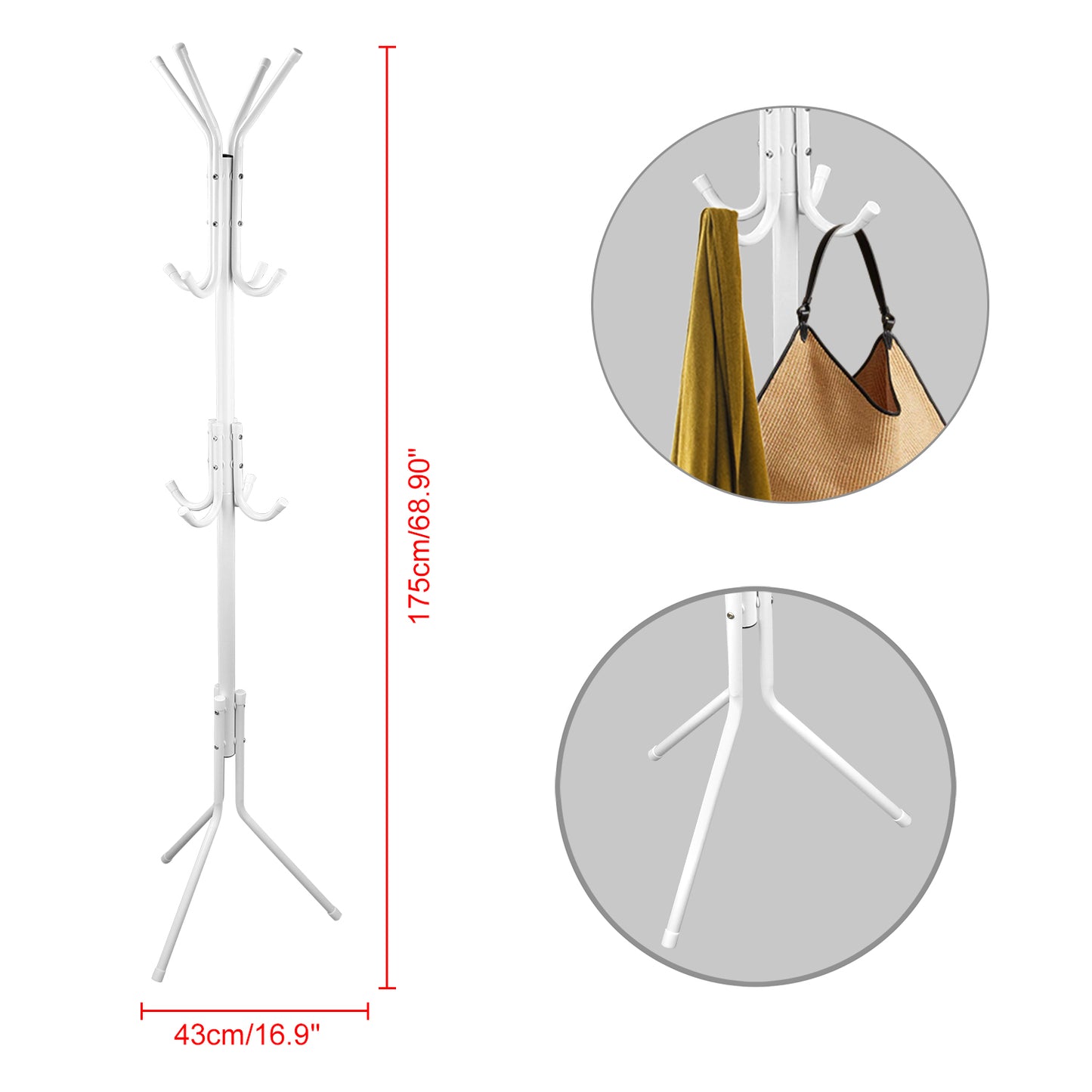 Standing Coat Rack with 8 Hooks - 3 Tier Metal Organizer