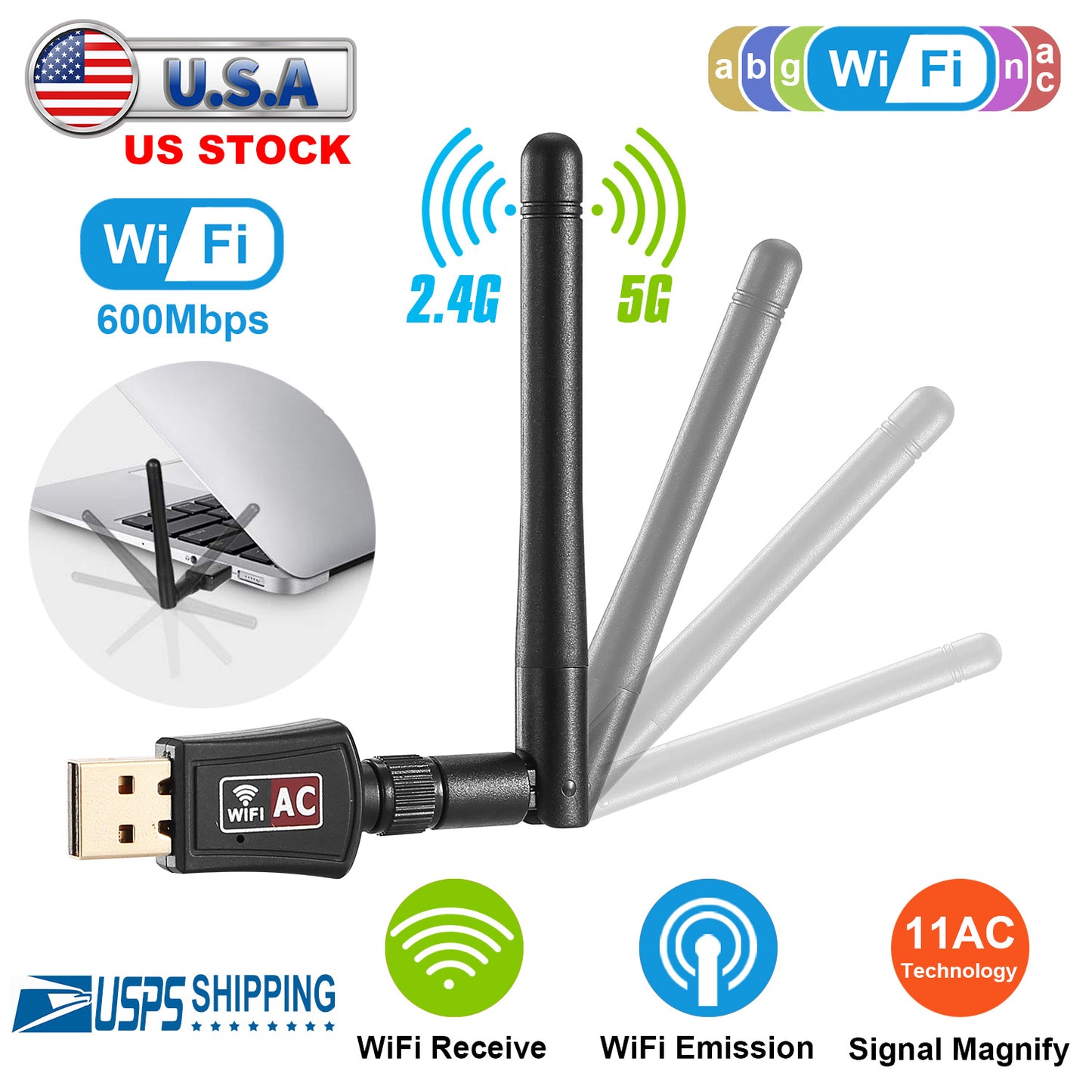 USB WiFi Adapter AC600 Dual Band with Rotating Antenna